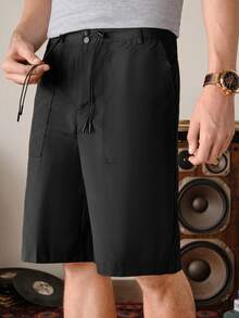 Black Color Men's Casual Solid Color Pocket Loose Versatile Shorts Old Money, Woven, With Button & Drawstring, Urban Utility, Father's Day Gift For Father & Boyfriend, Outfits For Men - Black - View 7