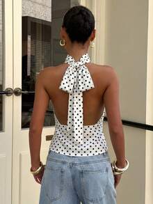 Muchica White Polka Dot Print Summer Women's High Neck Zipper Knit Camisole, Sleeveless, Minimalist Casual, Versatile For Daily Commute Halter Top Crop Dots - Multicolor - View 2