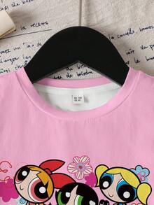THE POWERPUFF GIRLS X SHEIN 少女卡通印花圆领休闲日常短袖T恤 - 白色 - 查看 3