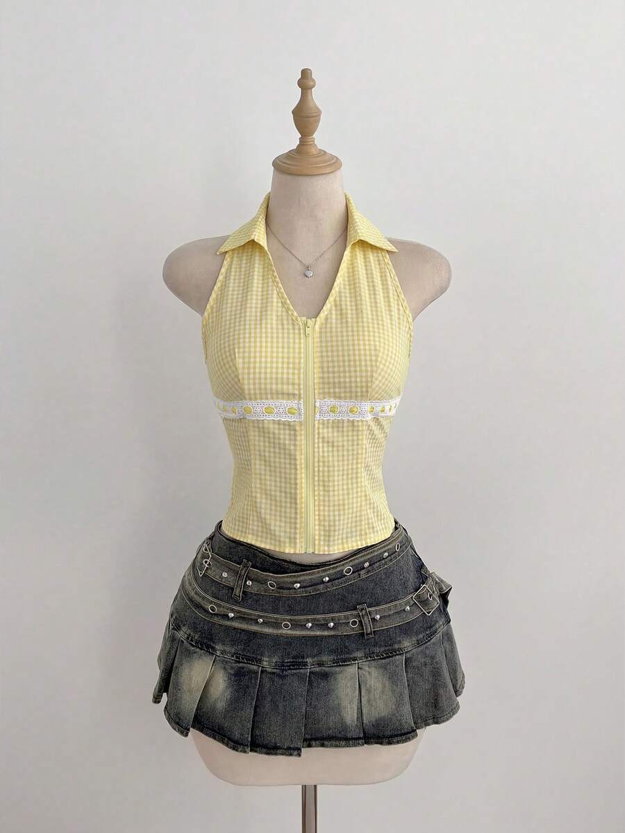 Elamini Women's Spring/Summer Plaid Polo Collar Sleeveless Shirt, Sweet Style With Zipper, Ribbon Splice Slim Fit Top, Suitable For Daily Wear And Dates - Yellow - View 1