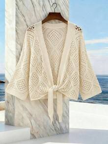 SHEIN Holidaya Trang phục mùa hè mới cho nữ, Áo khoác cardigan dệt kim màu trắng ngà dành cho nữ - Cổ chữ V, tay lỡ 3/4, họa tiết lỗ hình thoi, thắt eo kiểu buộc dây, nét quyến rũ lãng mạn phong cách boho và kiểu áo khoác ngoài thường ngày. - Màu be - Xem 5