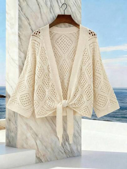 SHEIN Franclia New Summer Outfit For Women, Women's Ivory Openwork Knit Cardigan - V-Neck 3/4 Sleeve, Diamond Eyelet Pattern, Self-Tie Waist Knot, Romantic Boho Charm & Casual Layering Style