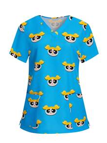 PopScrub THE POWERPUFF GIRLS X SHEIN 女士夏季亮蓝色印花短袖V领手术服上衣，卡通大眼睛口袋设计护士制服 - 藍色 - 查看 3