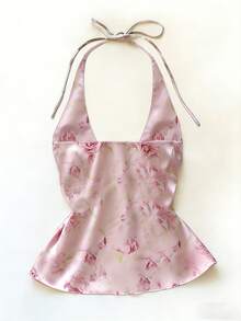 优雅浪漫复古花卉图案水钻装饰A字型露背女式上衣 - 淺粉色 - 查看 2