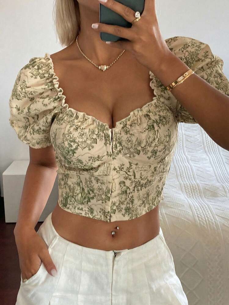 Floral Print Off-Shoulder Petal Sleeve Cropped Elegant Summer Blouse For Women