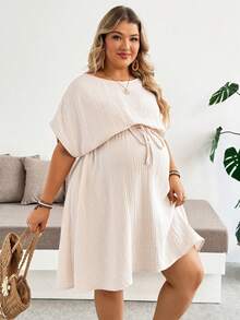Plussiva Plus Size Pregnant Women's Solid Color Round Neck Batwing Sleeve Casual Soft Form Sexy Dress Maternity Photoshoot Summer Babyshower Pink - Apricot - View 4