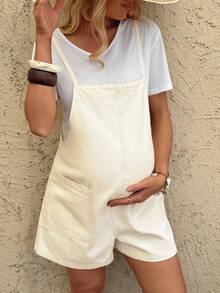 SHEIN Quần yếm denim hai túi thoải mái cho bà bầu, kỳ nghỉ hè, trang phục lễ hội, đi làm, nghỉ mát, tốt nghiệp, phong cách Y2K, dễ thương, thời trang đường phố, quyến rũ, dự tiệc, đám cưới, thanh lịch, công sở, đi biển, tốt nghiệp, quần yếm denim trắng bằng cotton cho nữ, áo liền quần ngắn có dây đeo điều chỉnh được với túi. - trắng - Xem 1