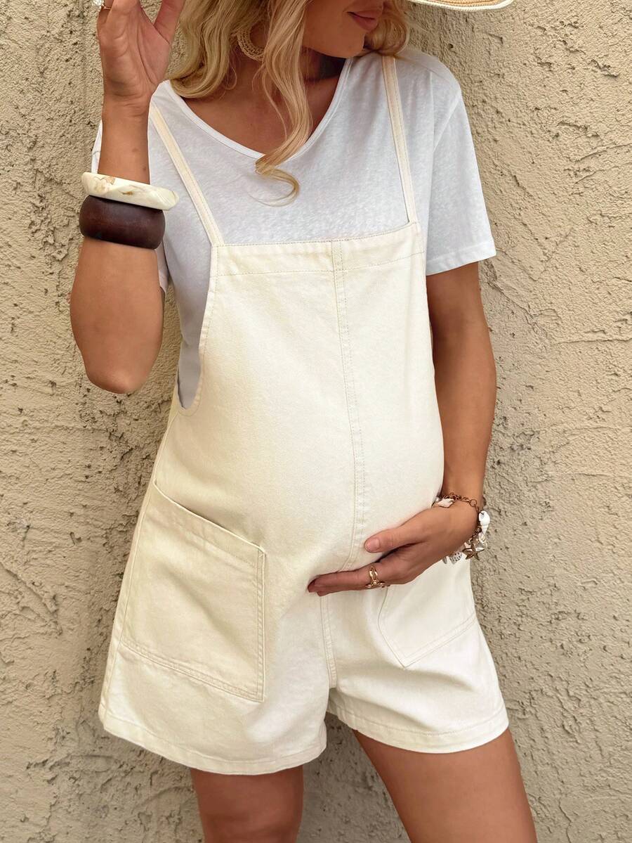 SHEIN Quần yếm denim hai túi thoải mái cho bà bầu, kỳ nghỉ hè, trang phục lễ hội, đi làm, nghỉ mát, tốt nghiệp, phong cách Y2K, dễ thương, thời trang đường phố, quyến rũ, dự tiệc, đám cưới, thanh lịch, công sở, đi biển, tốt nghiệp, quần yếm denim trắng bằng cotton cho nữ, áo liền quần ngắn có dây đeo điều chỉnh được với túi. - trắng - Xem 1