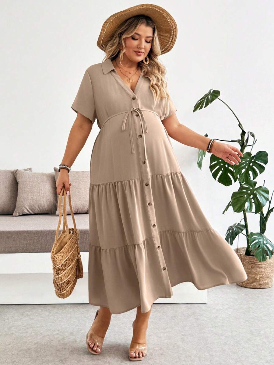 SHEIN 孕妇加大码纯色短袖单排扣衬衫裙 - 卡其色 - 查看 1