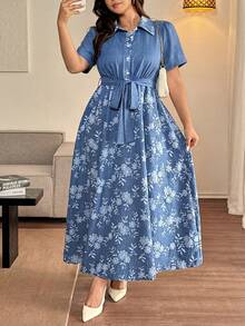 Vionelle Đầm ngắn tay cổ bẻ kiểu Pháp thanh lịch dành cho nữ cỡ lớn, in họa tiết hoa, phong cách thường ngày. - Màu xanh lam - Xem 1