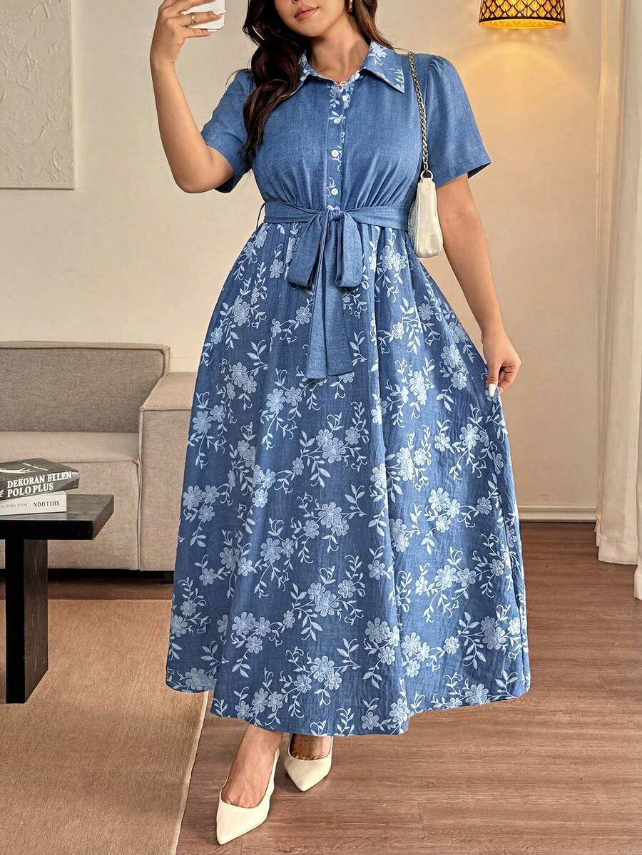 Vionelle Đầm ngắn tay cổ bẻ kiểu Pháp thanh lịch dành cho nữ cỡ lớn, in họa tiết hoa, phong cách thường ngày. - Màu xanh lam - Xem 1