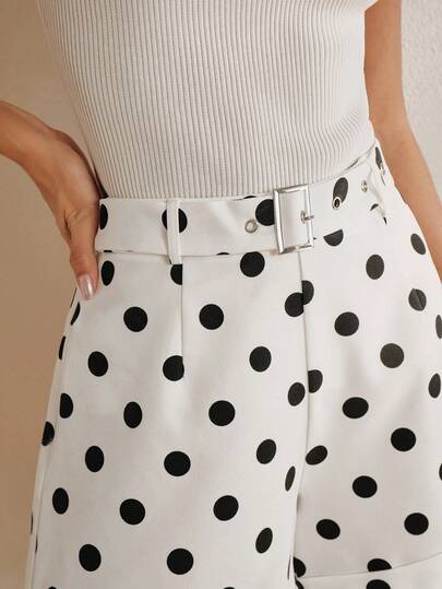 Anewsta Elegant Party Vintage Black & White Polka Dot Cinched Waist Waist Flattering Shorts For Women