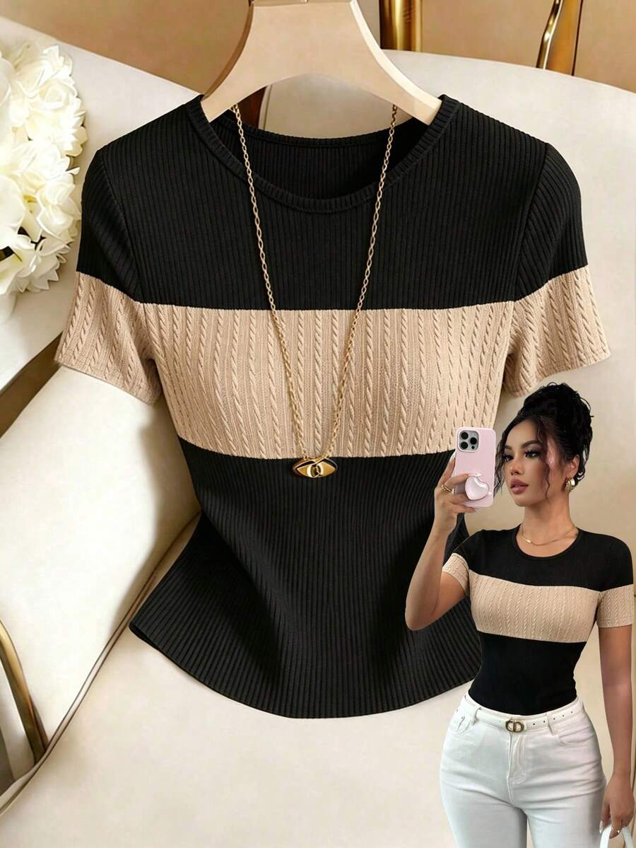 Women's Casual Daily Commute Textured Fabric Short Sleeve T-Shirt, Summer - Multicolor - View 1
