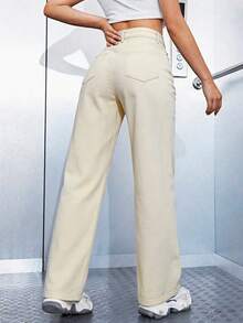 SHEIN ICON 女士休闲日常纯色不对称腰部牛仔裤 - 燧石 - 查看 2