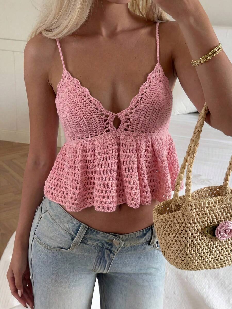 CovetEZ Women's Hollow Out Ruffle Hem Camisole Knit Top For Vacation - Pink - View 1
