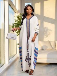 Brilight Vestido largo elegante de fiesta de Navidad y Año Nuevo para mujer con estampado de elementos de rayas y patrones elegantes - Albaricoque - Ver 5