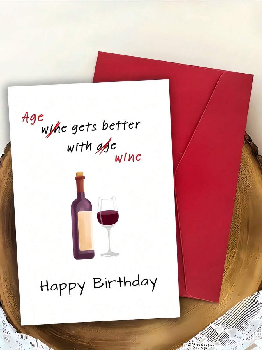 1PC Funny Wine Theme Birthday Card Wine Makes Life Better Greeting Card Premium Cardstock Red Purple Wine Glass Design For Family Friends Lover Husband Wife Coworker Birthday Celebration Wine Lover Gift Home Office Decor - multicolor - View 1