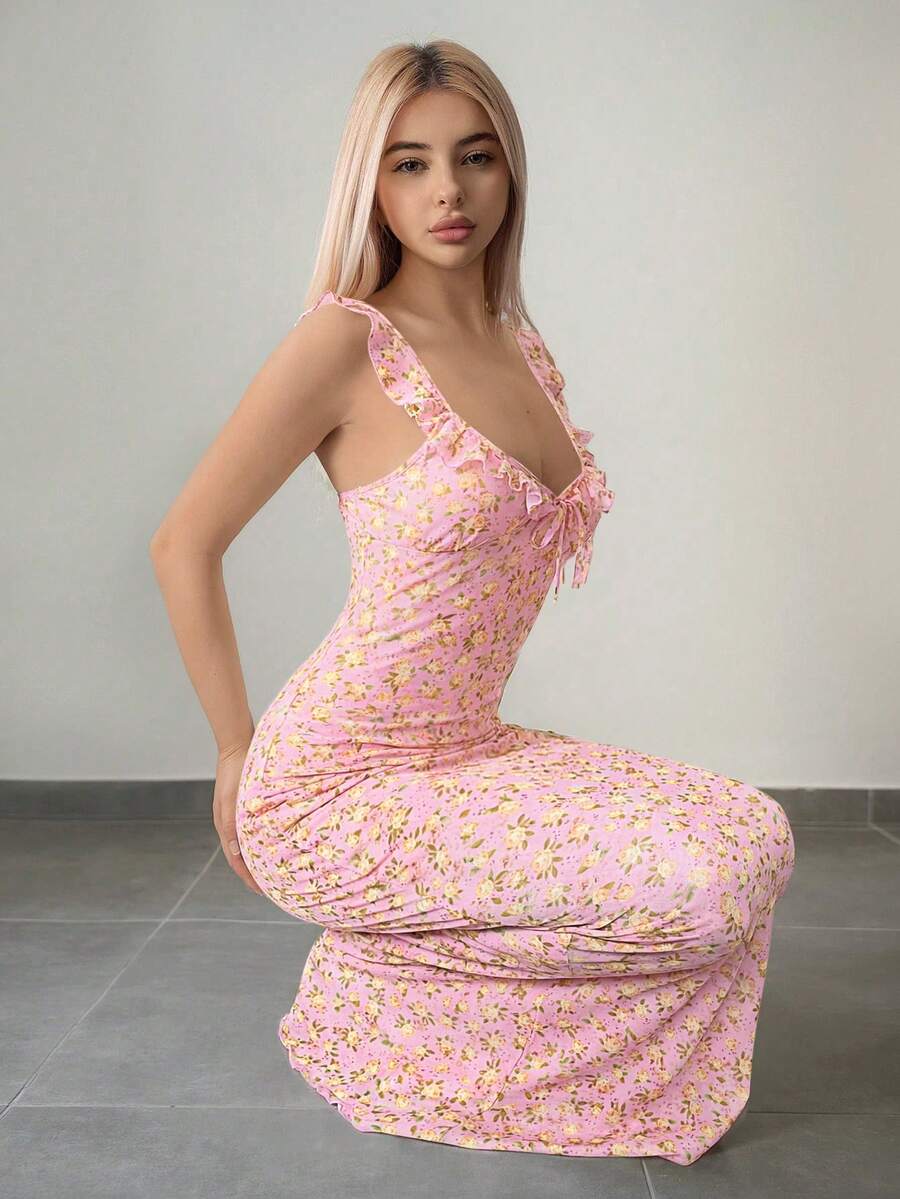 Sweetina 女士印花褶皱腰身优雅派对连衣裙 - 粉色 - 查看 1