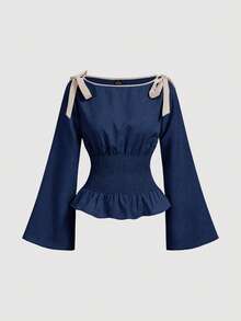 SHEIN MOD Women's Contrast Color Bow Decor Waist Tie Shirt - Navy Blue - View 2