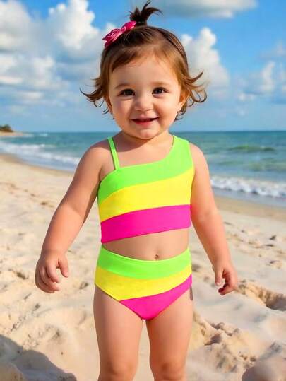 SHEIN Playful Pals Baby Girls' Beachwear, Cute Patchwork Color Block One-Piece Swimsuit, Hollow Waist Triangle Bottoms, Fashion Casual Elegant Suitable For Swimming, Summer Vacation, Beach, Pool, Holiday Party