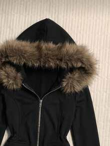 StreetHx 女士黑色保暖内衬束腰毛领夹克，Y2K 叛逆风，朋克摇滚风，修身舒适，适合万圣节，2000 年代街头服饰，长袖连帽修身款 - 黑色 - 查看 3