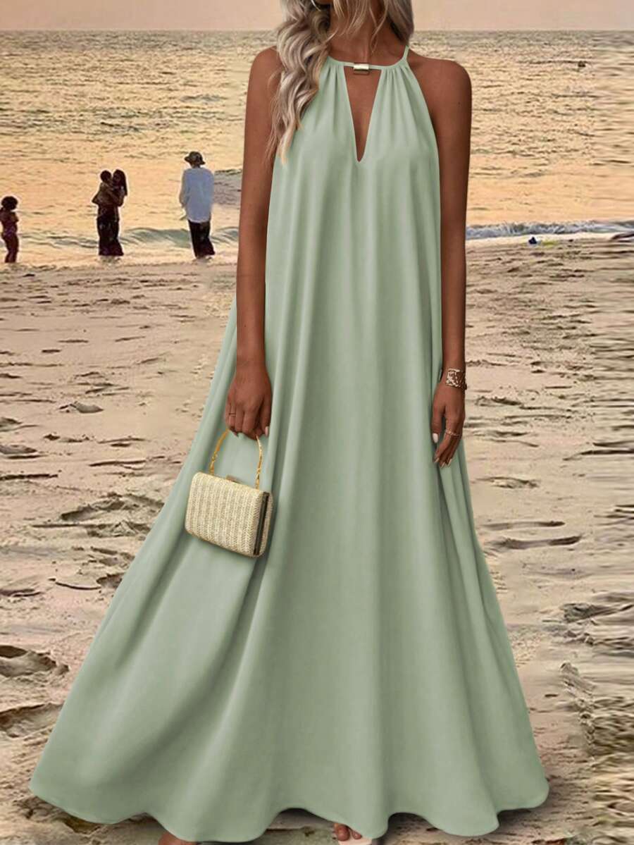 Balvessa Women's Solid Color Simple Daily Wear Swing Neck Halter Dress Maxi Vacation Beach Outfit - Mint Green - View 1