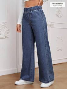 Casual Washed Elastic Waist Wide Leg Jeans - Blue - View 4