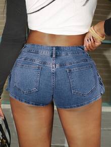 Jeanoix 超低腰工装口袋牛仔短裤 - 藍色 - 查看 7