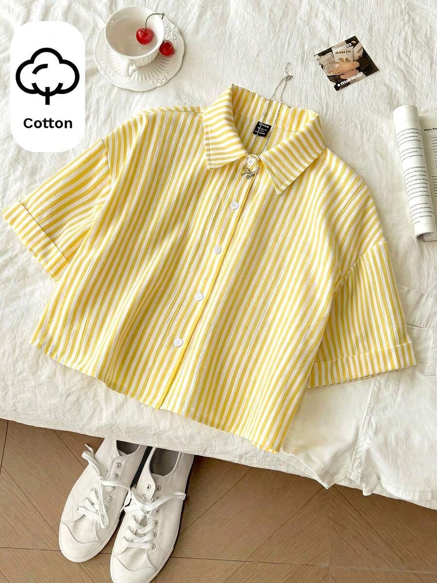SHEIN 少女休闲日常时尚黄黑条纹宽松短袖衬衫 - 黃色 - 查看 1