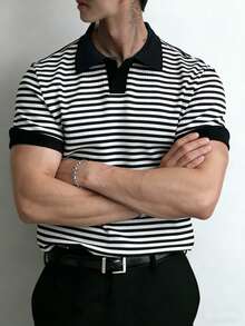 Manfinity Homme Áo polo nam tay ngắn kẻ sọc - Đen và trắng - Xem 3