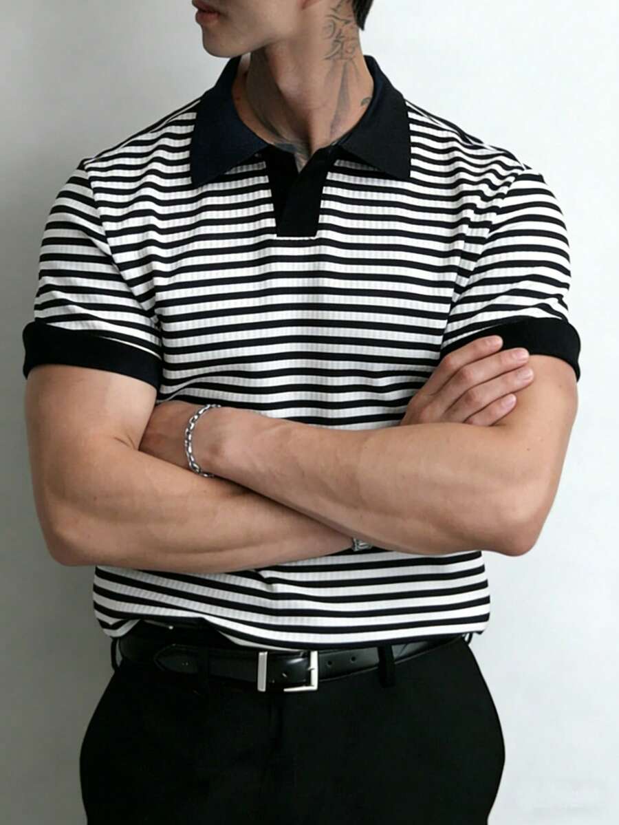 Manfinity Homme Áo polo nam tay ngắn kẻ sọc - Đen và trắng - Xem 1
