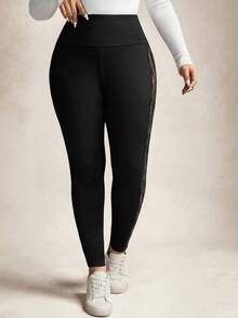 SHEIN LUNE Plus Size Women Lace Patchwork Leggings - Black - View 5