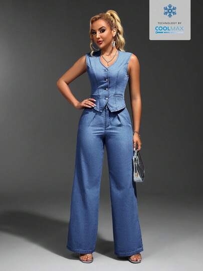 SHEIN SXY Women's V-Neck Single-Breasted Casual Denim Vest