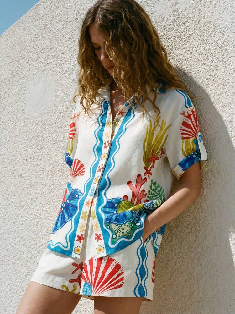 SHEIN Maija MAIJA Beach Seashell Print Camp Collar Button Down Short Sleeve Shirt,Summer Top