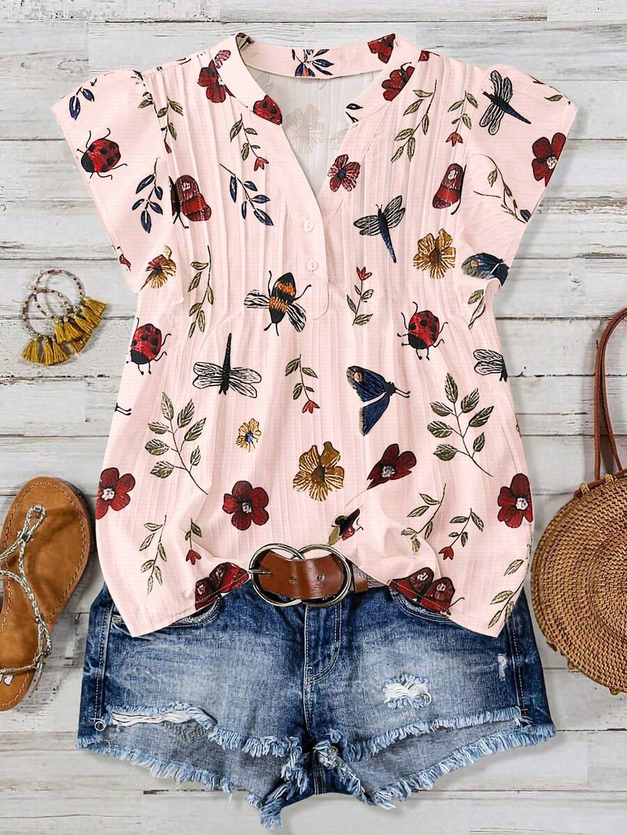 Linhara Plus Size Versatile High-End Printed Notch Collar Summer Shirt Vacation Pink Boho - Pink - View 1