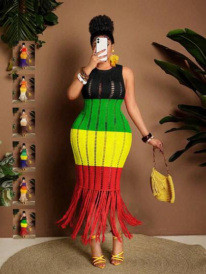 Maweii Đầm len cỡ lớn dành cho nữ, nhiều màu sắc, vàng, cam, tím, không tay, cổ tròn, tua rua, khoét eo, tôn dáng và gợi cảm, đầm dệt kim nữ, áo khoác ngoài nữ, mùa xuân, mùa hè, kỳ nghỉ