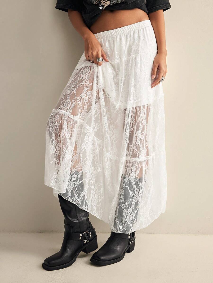 Easelle Pastal Lace Elastic Waist Skirt For Women, Flower Summer Boho Girlisim Picnic Holiday Festival,Casual Long Western Country Concert Music Golf - White - View 1