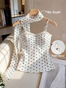 Franclia Áo hai dây cổ ngọc trai chấm bi kiểu retro, áo crop top thanh lịch thắt eo, thích hợp cho buổi trà chiều với bạn bè / trang phục nhẹ nhàng cho bữa brunch ngoài vườn dịp Lễ Phục Sinh. - Đen và trắng - Xem 1