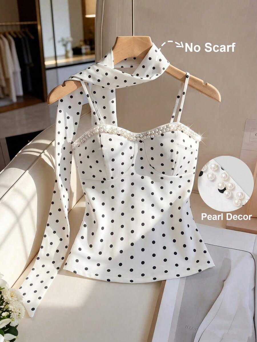 Franclia Áo hai dây cổ ngọc trai chấm bi kiểu retro, áo crop top thanh lịch thắt eo, thích hợp cho buổi trà chiều với bạn bè / trang phục nhẹ nhàng cho bữa brunch ngoài vườn dịp Lễ Phục Sinh. - Đen và trắng - Xem 1