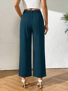 SHEIN PETITE Women's Solid Color Pleated Straight Loose Casual Pants - Navy Blue - View 2
