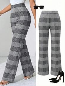 SHEIN Clasi Quần ống loe cạp cao kẻ caro dành cho nữ, quần dài ôm sát co giãn màu đen, trắng và xám cho mùa thu, quần legging, quần yoga, quần ôm sát cổ điển để đi làm và đi chơi, được làm từ vải co giãn cao, cạp cao, giúp định hình vòng bụng, quần nữ ôm sát cơ bản, quần tây nữ, quần dài nữ, quần dài cho nữ, quần công sở nữ, quần áo công sở cho nữ - Xám - Xem 11