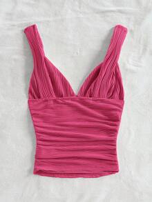 SHEIN Tall CURVE 大码女式纯色纹理褶皱吊带背心 - 玫紅色 - 查看 2