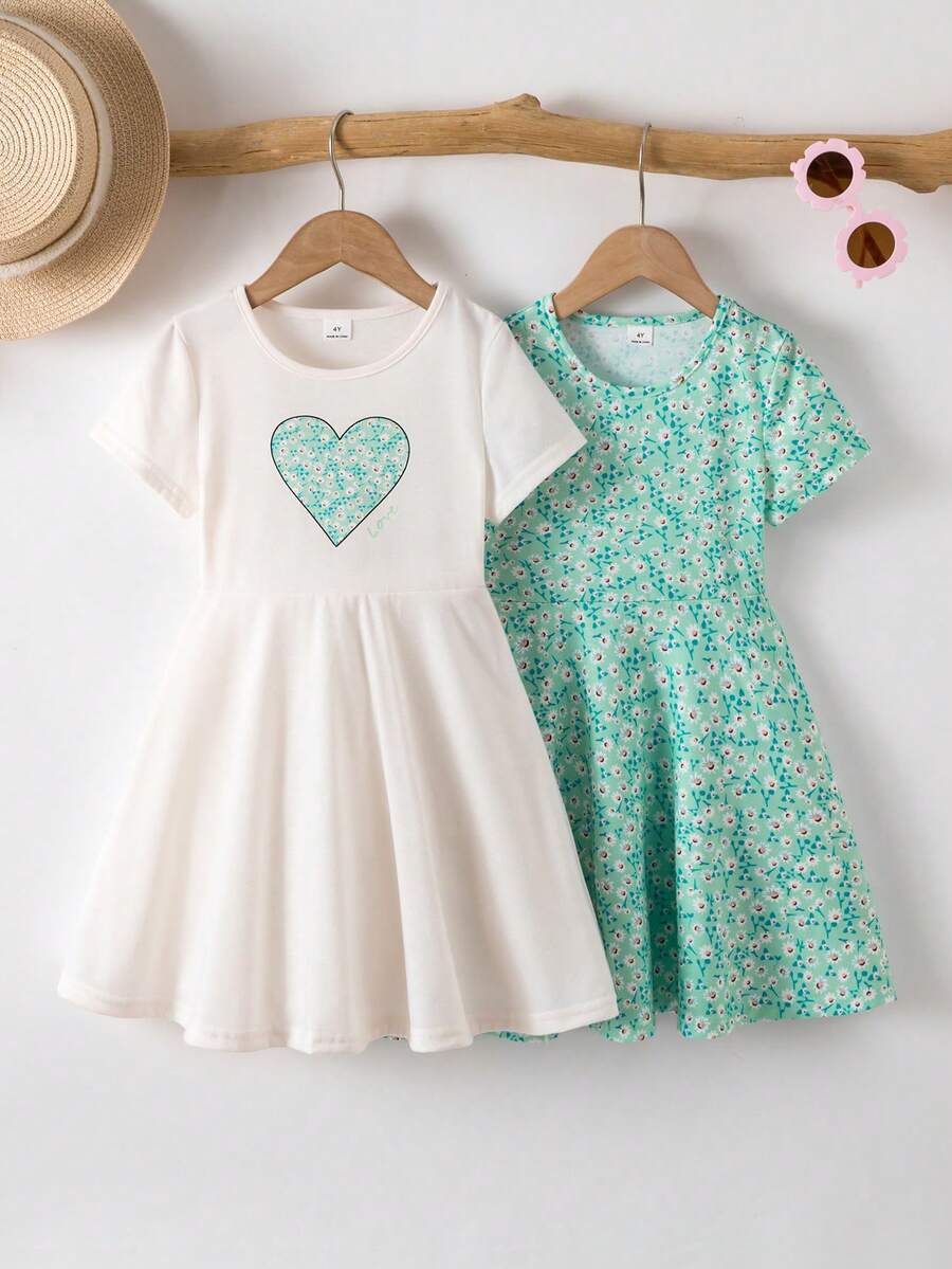 Elladie kids Bộ 2 chiếc váy ngắn tay in hình trái tim cầu vồng cho bé gái, kiểu dáng thường ngày, thích hợp cho mùa hè. - màu xanh lá - Xem 1