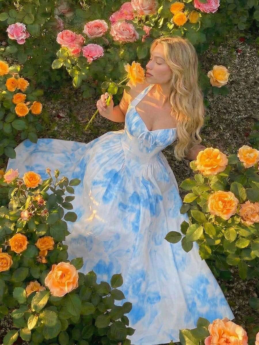 SHEIN MOD Women's Floral Print Front Tie Elegant Dress - Wander Blue - View 1