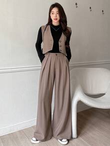 DAZY 2pcs Women's Solid V-Neck Single Breasted Vest & Wide Leg Pants Casual Suit,Fall Clothes,Back To School Clothes - Coffee Brown - View 5