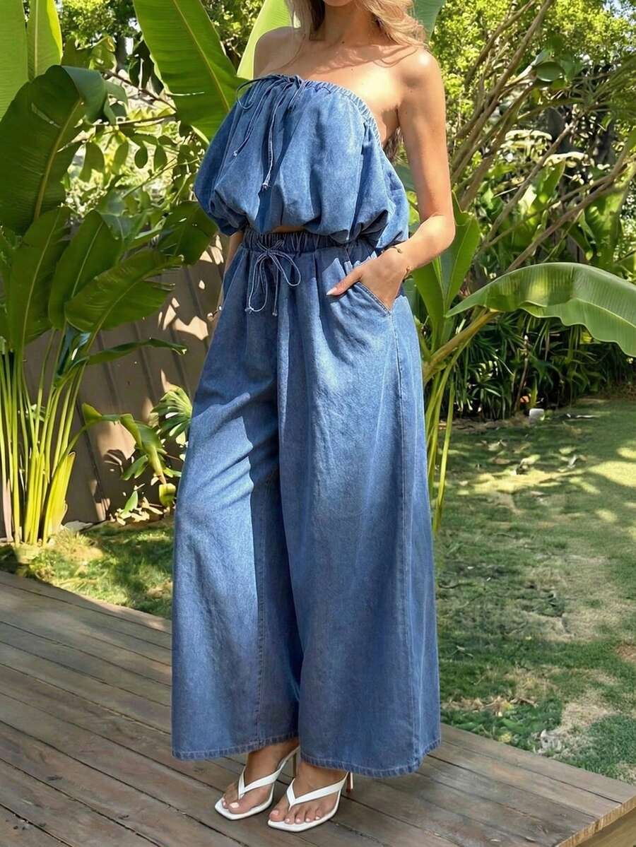 Sunnyshic Women's Knotted Ruched Bandeau Top And Pocket Wide Leg Jeans Casual Vacation Outfit - Blue - View 1