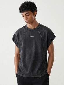SWAVVY Men's Summer Casual Loose T-Shirt Vest, Standard Size, Black With Washed Embroidery - Black - View 2