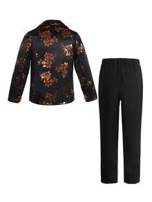 SHEIN Tween Boy Gentleman 2 Pieces Set: Jacquard Satin Collar Jacket + Trousers, Formal Outfit For Birthday Party, Wedding, Graduation, Anniversary - Black - View 7