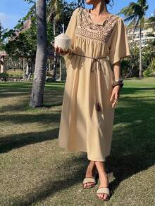 DAZY Vintage Heavily Embroidered Long Loose Flattering Vacation Dress, For Teen Girls Sun Dresses For Girl Summer - Khaki - View 3