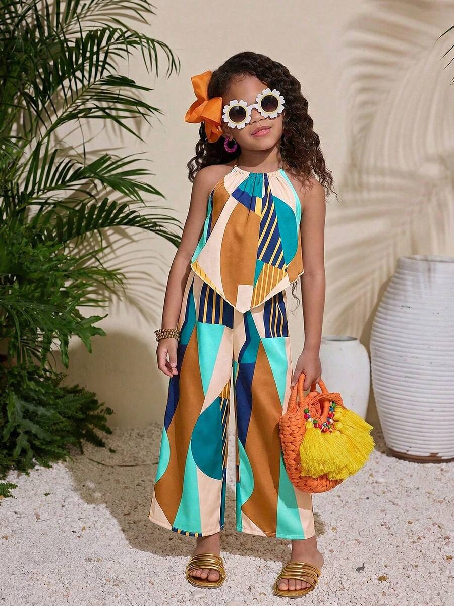 SHEIN 年轻女孩度假休闲梭织印花吊带上衣和阔腿裤套装 - 彩色 - 查看 1